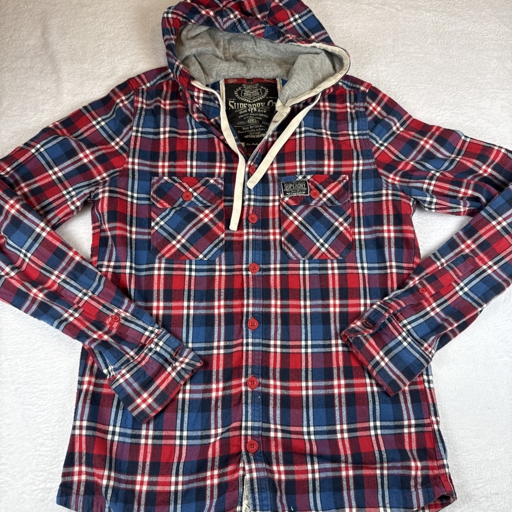 Superdry Blue Red Plaid Flannel Hoodie Long Sleeve Shirt Jacket Unisex Size M